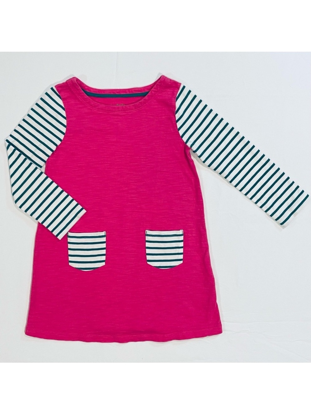 Mini Boden Pockets Jersey Tunic Dress Girls 6-7Y Pink Green White Stripes Spring